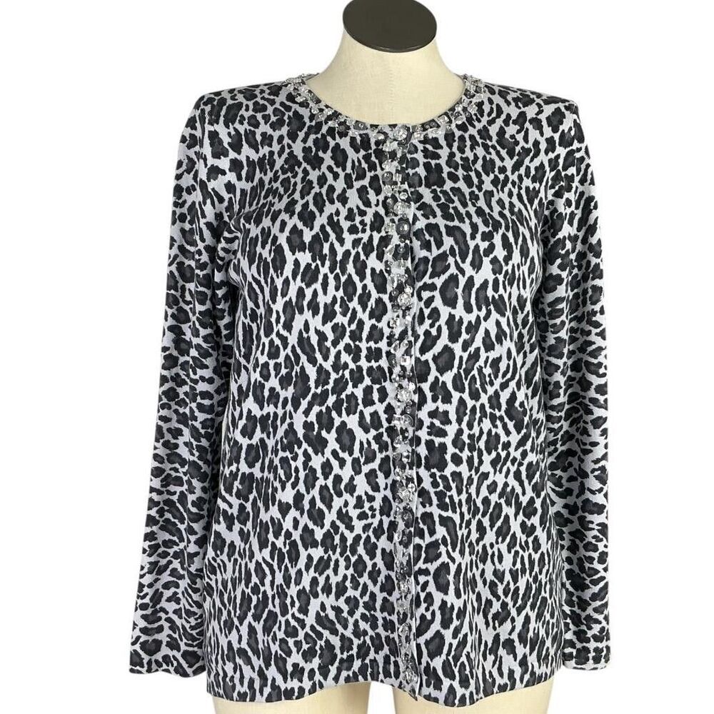 Quacker Factory Cardigan Sweater Women L Gray Leopard Print Beaded Rhinestones